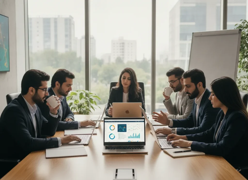 real photo of a Pakistani fintech team reviewing
