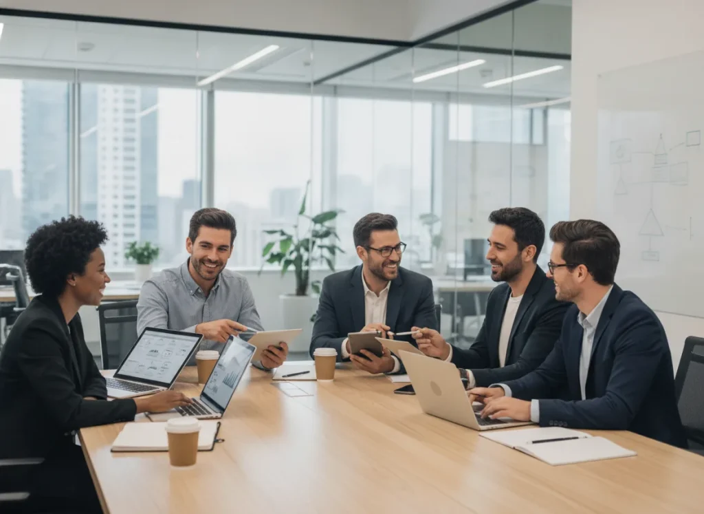 Real photo of a collaborative fintech team discussing