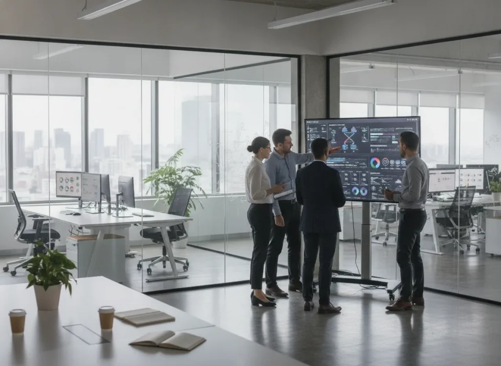 professional fintech team reviewing a digital lending platform
