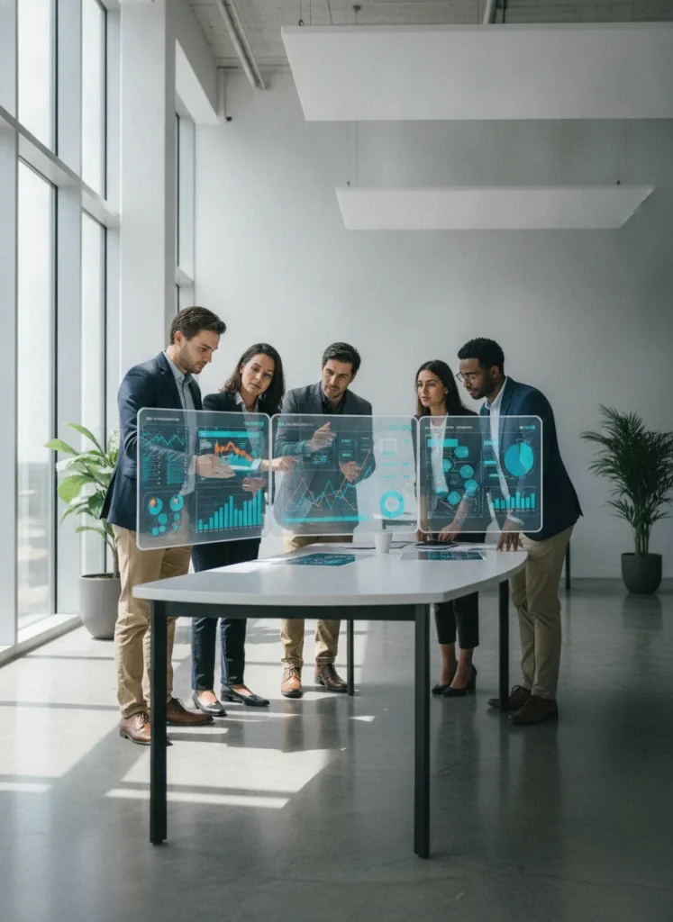 professional fintech team reviewing digital lending dashboards in