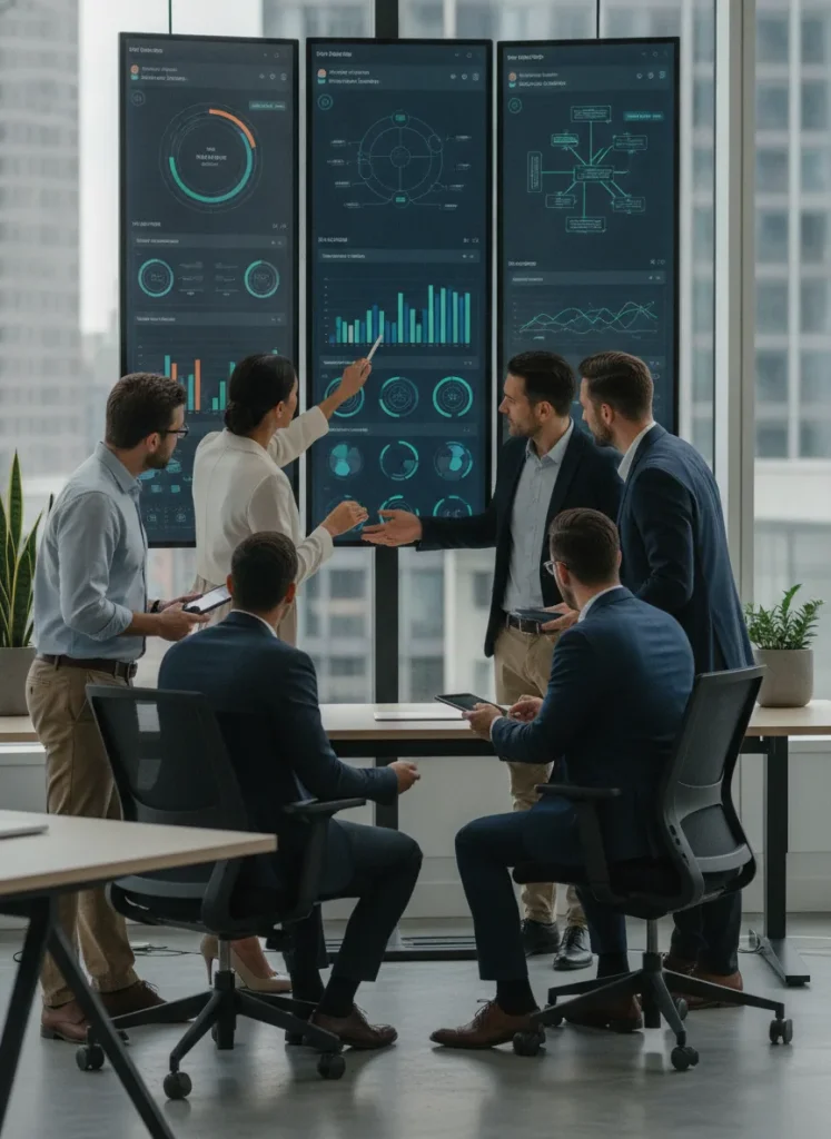 Professional fintech team reviewing a digital lending dashboard