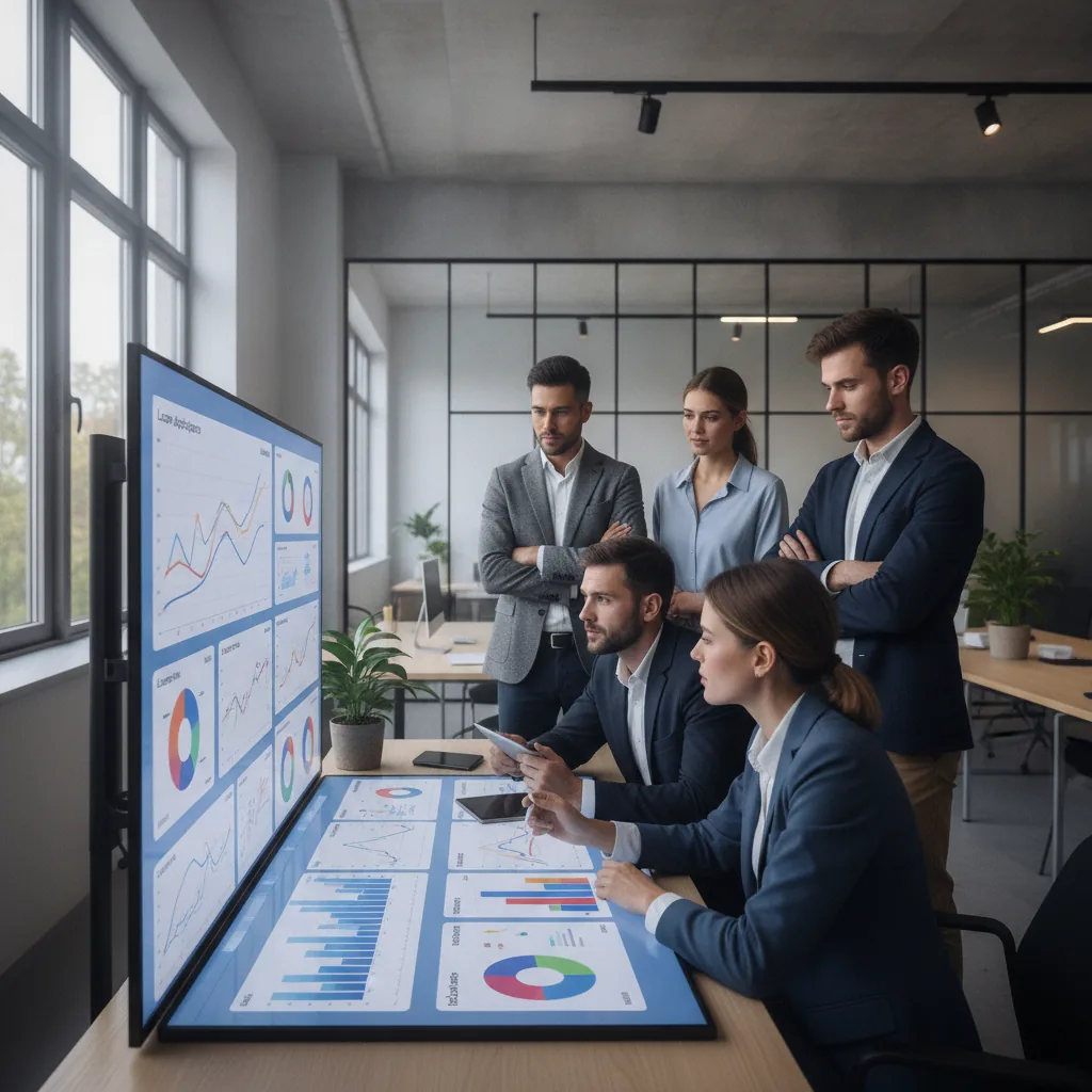 Professional fintech team reviewing digital lending dashboards in