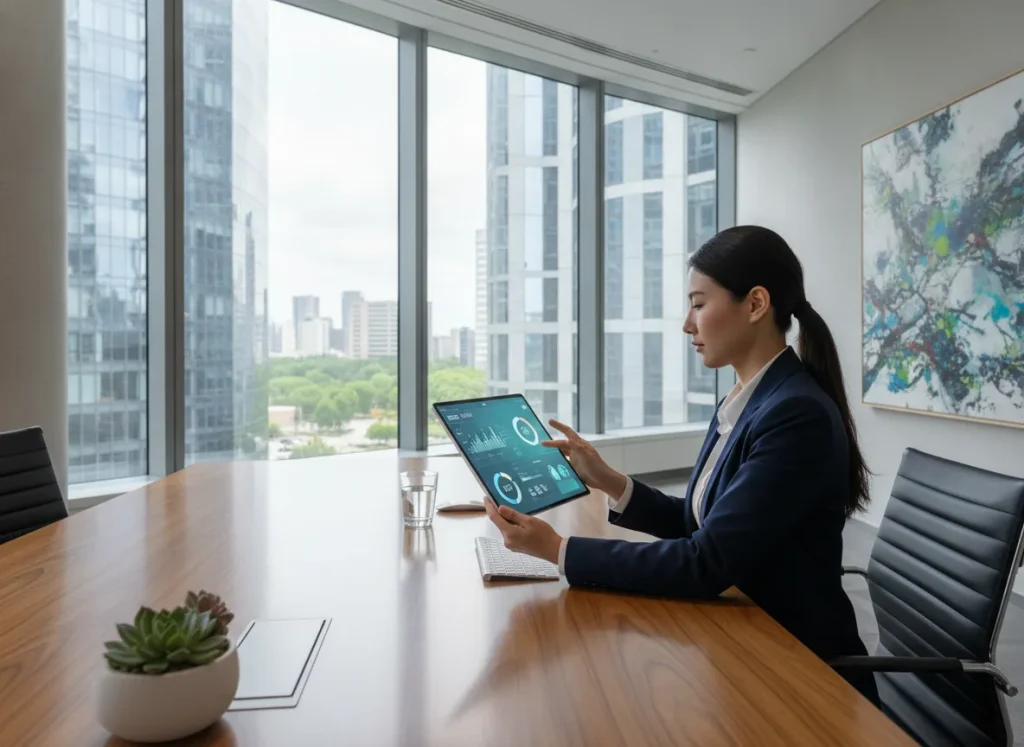 real photo of a banking professional using a
